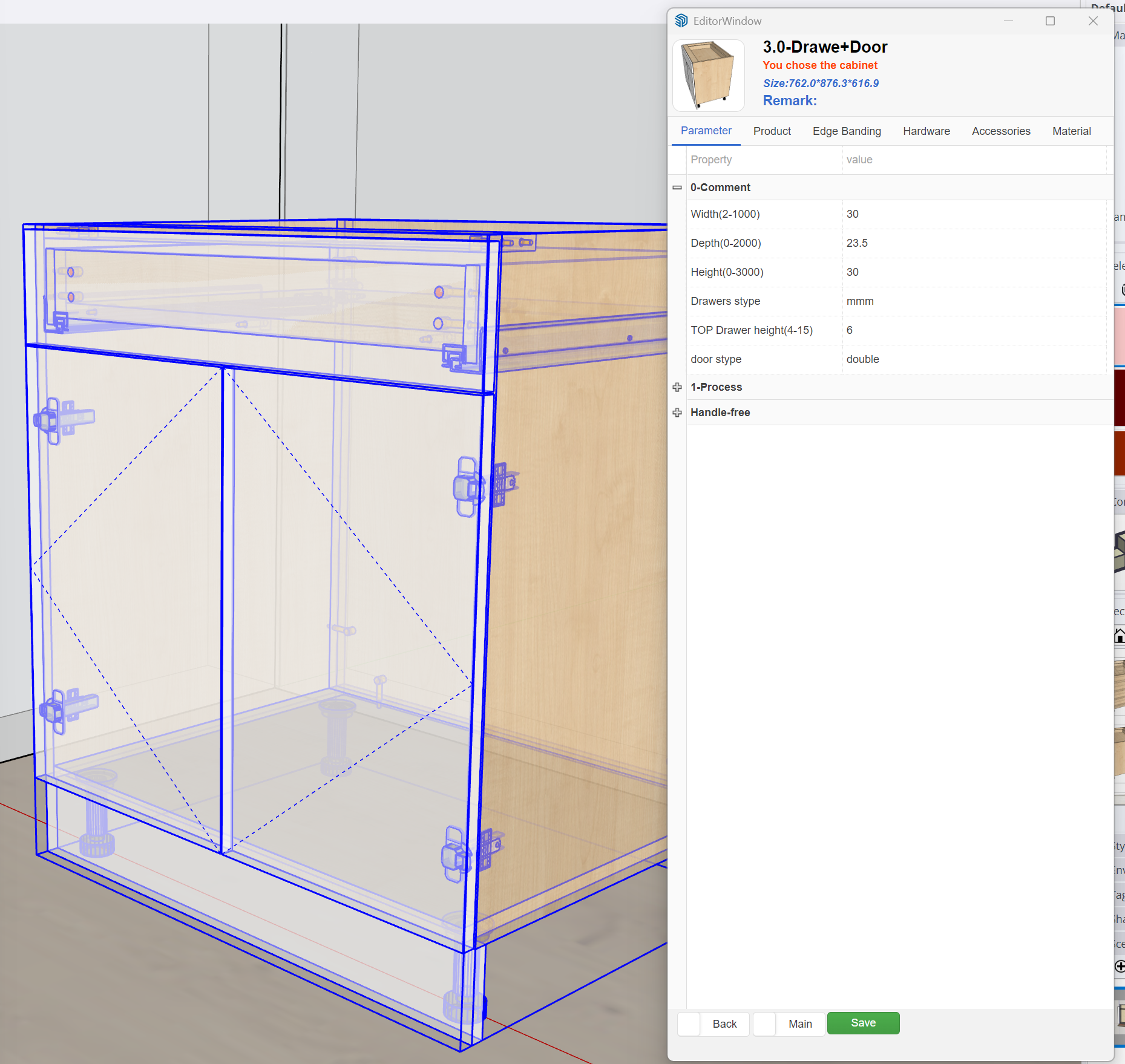 Parameter editing drawers and fronts